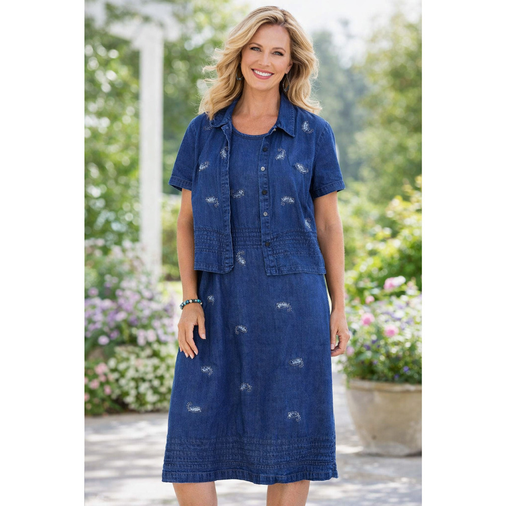 VTG 90's Jane Ashley Blue Denim XL Dress Sequin Embroidered Dress Shirt Button